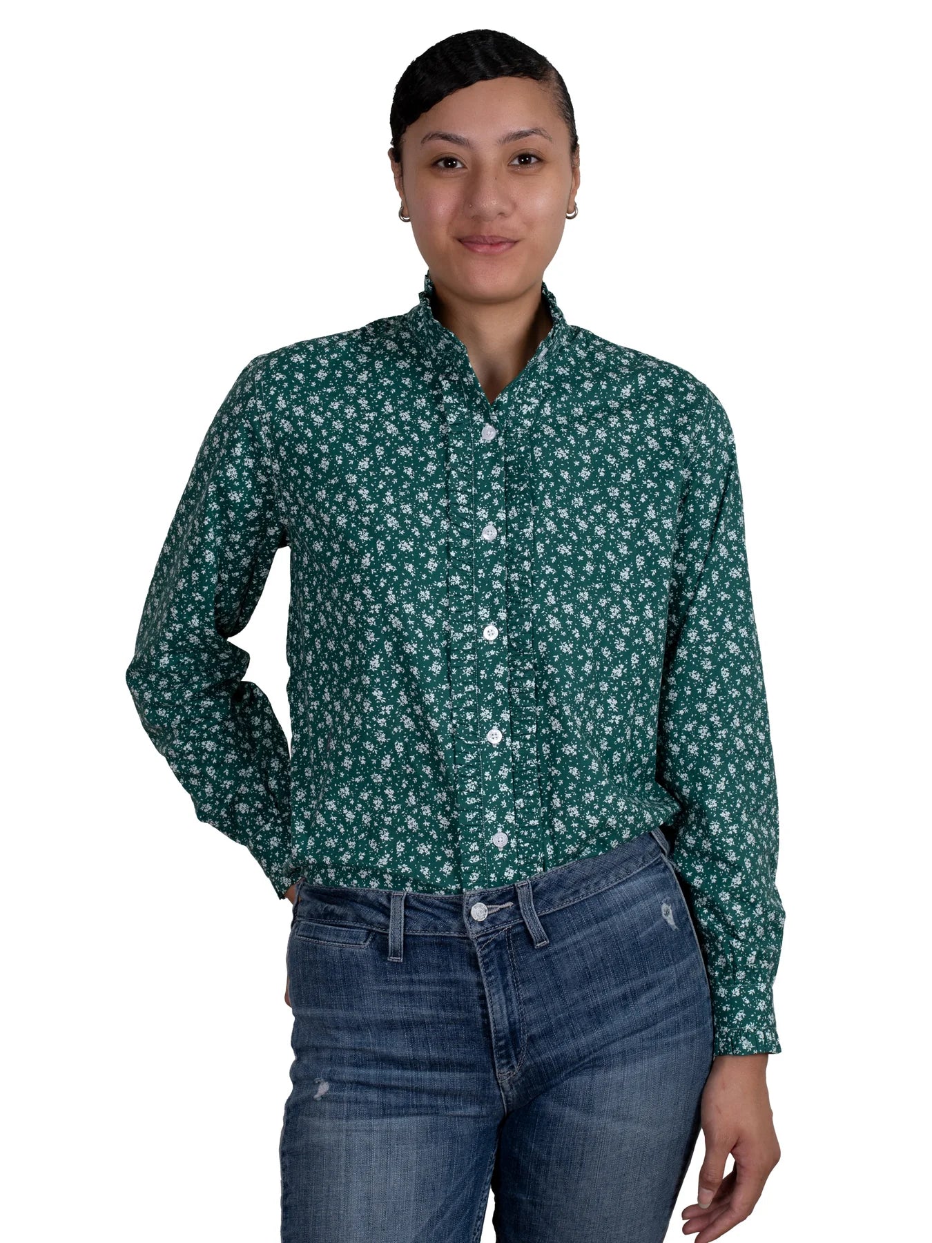 Just Country Wms Abbey Frills Full Button Print Workshirt Forest Green Bouquet Comfortable Peplum Short Shirt