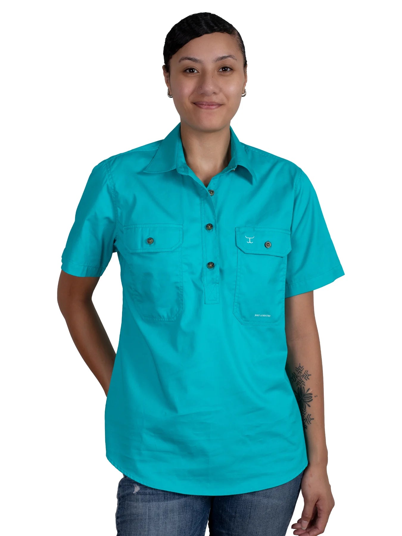 Just Country Wms Evie Short Sleeve Half Button Workshirt Stylish Split-Hem Short Shirt Just Country Wms Evie Short Sleeve Half Button Workshirt Stylish Split-Hem Short Shirt