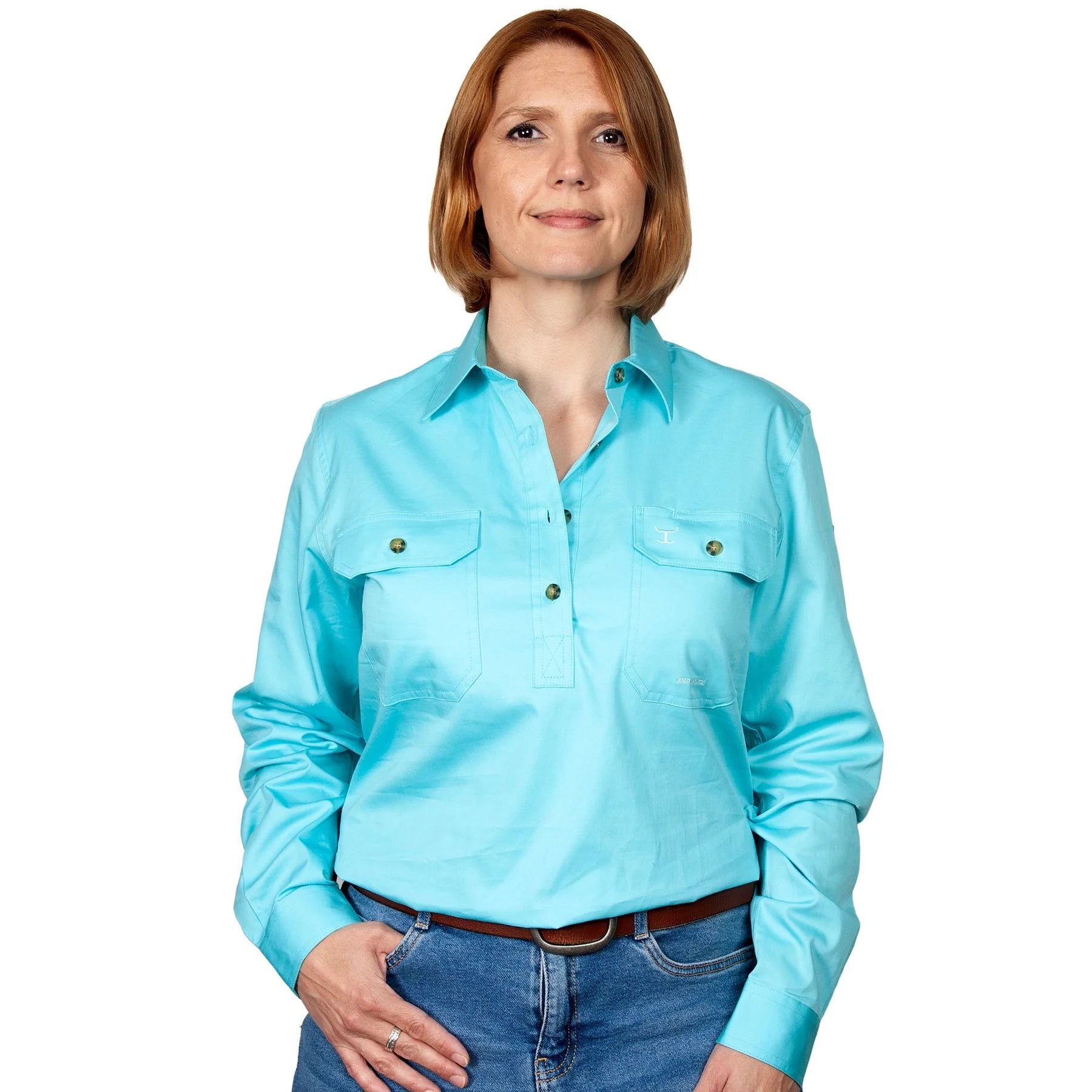 Just Country Wms Jahana Workshirt Duck Egg Blue Cozy Loose Fit Short Sleeve