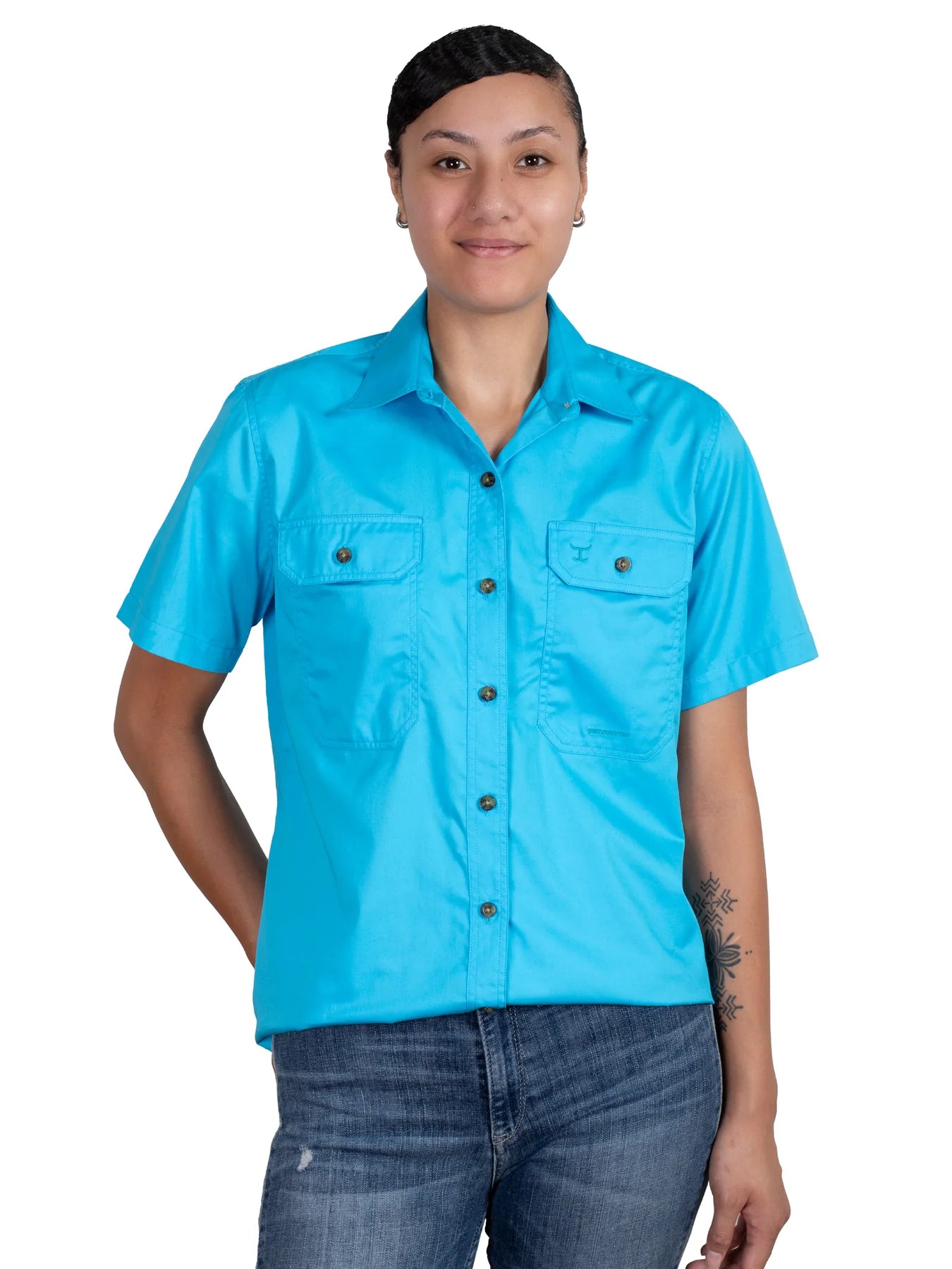Just Country Wms Maggie Short Sleeve Full Button Workshirt Cozy Plain Short Sleeve