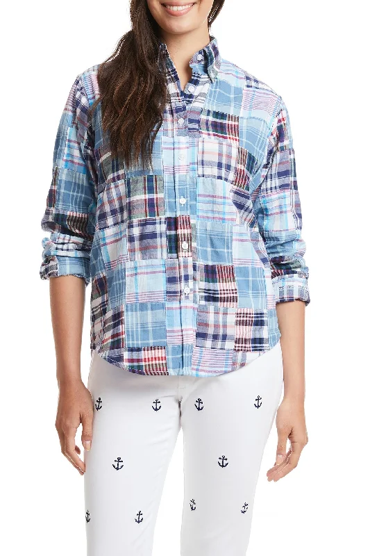 Ladies Button Down Long Sleeve Shirt Seapoint Patch Madras Classic V-Neck Short Shirt Ladies Button Down Long Sleeve Shirt Seapoint Patch Madras Classic V-Neck Short Shirt