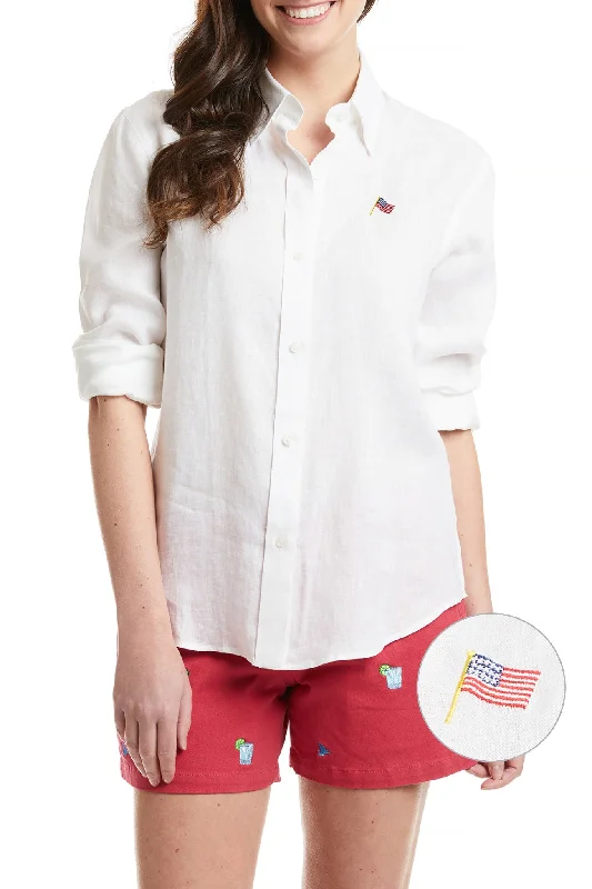 Ladies Button Down Shirt White Linen with USA Flag Casual Button-Down Short Shirt