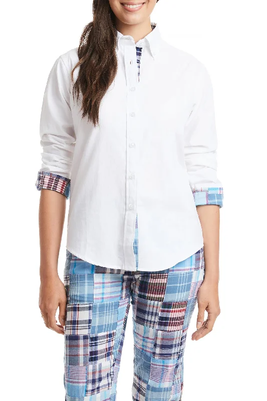 Ladies Button Down Long Sleeve Shirt White Oxford with Seapoint Patch Madras Trim Fashionable Plaid Short Sleeve Ladies Button Down Long Sleeve Shirt White Oxford with Seapoint Patch Madras Trim Fashionable Plaid Short Sleeve
