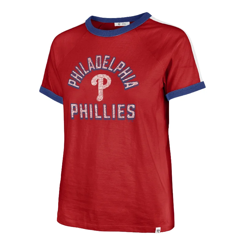 PHILADELPHIA PHILLIES DOUBLE HEADER SWEET HEAT '47 PEYTON TEE WOMENS Hooded Caped Shawl Collar PHILADELPHIA PHILLIES DOUBLE HEADER SWEET HEAT '47 PEYTON TEE WOMENS Hooded Caped Shawl Collar