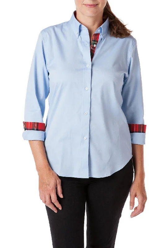 Ladies Button Down Shirt Blue Oxford with Royal Stewart Trim Comfortable Short Sleeve Blouse Ladies Button Down Shirt Blue Oxford with Royal Stewart Trim Comfortable Short Sleeve Blouse