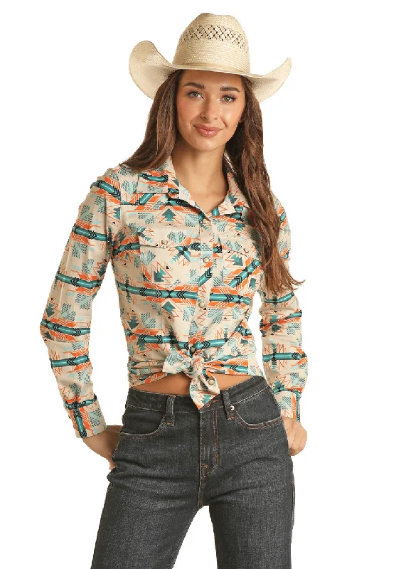 Rock and Roll Cowgirl Aztec Print Long Sleeve Snap Shirt Fashionable Draped Short Sleeve