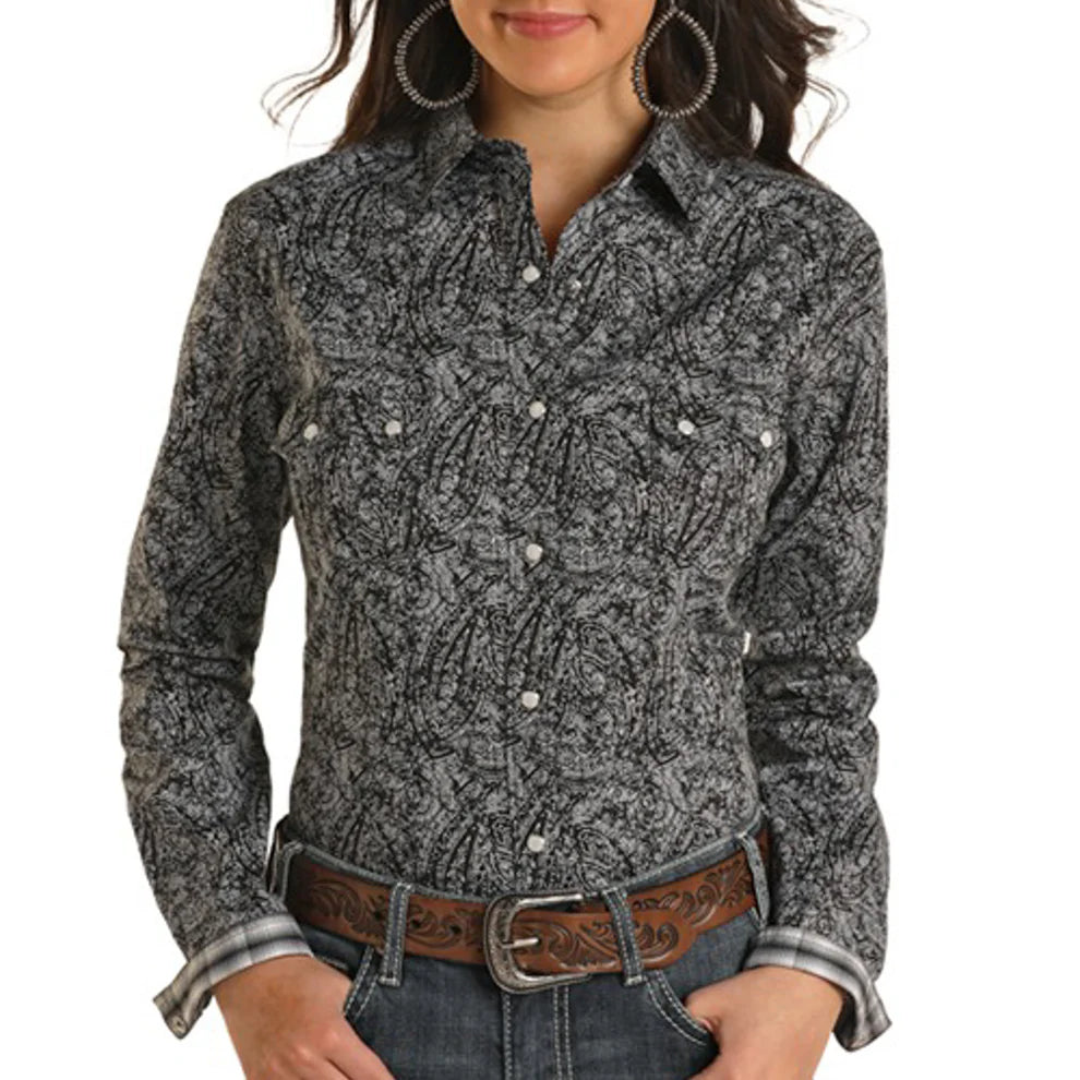 Rock and Roll Ladies Long Sleeve Snap Shirt Comfortable Ribbed Short Sleeve