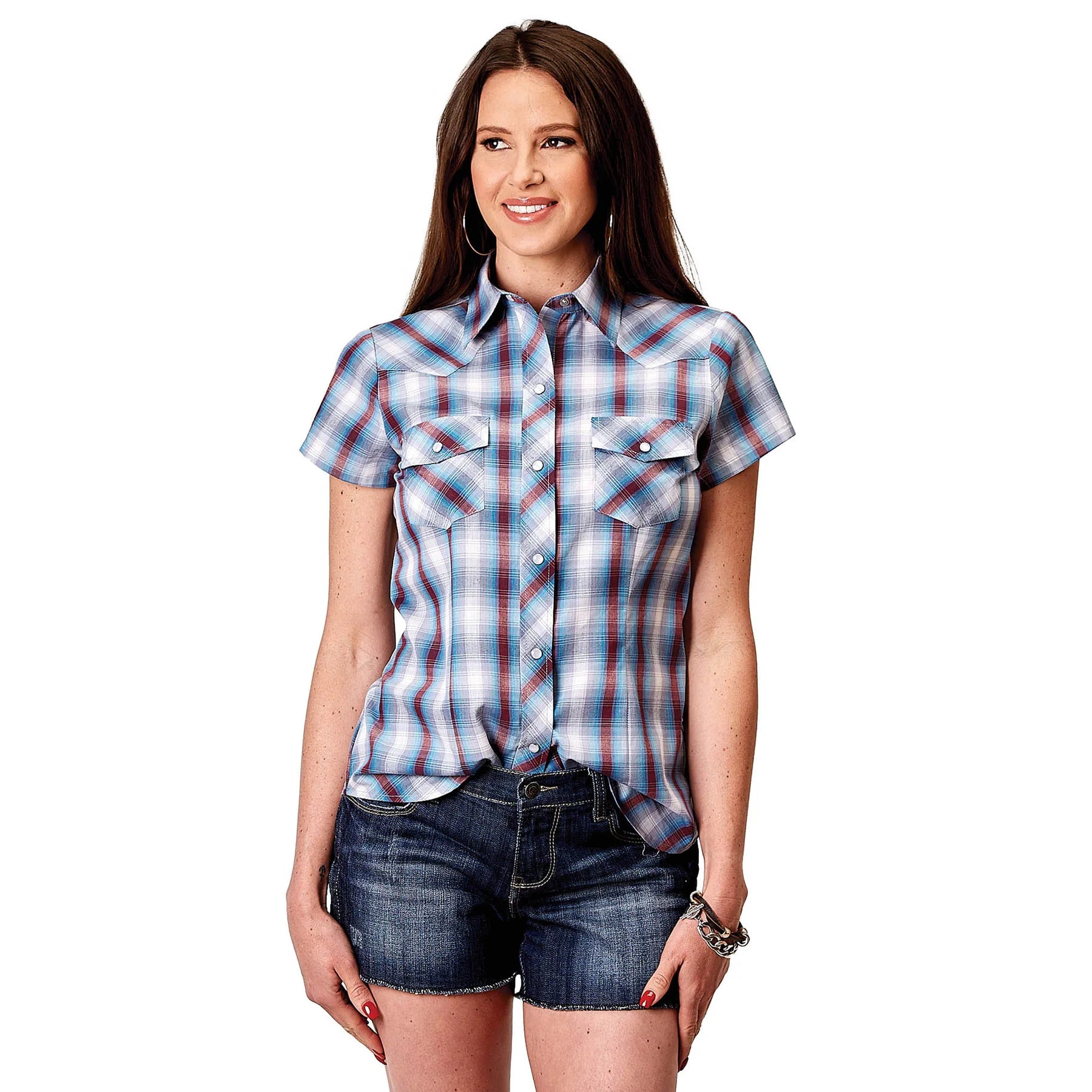 Roper Wms Karman Classic Collection SS Shirt Plaid Grey Trendy Tie-Front Short Shirt