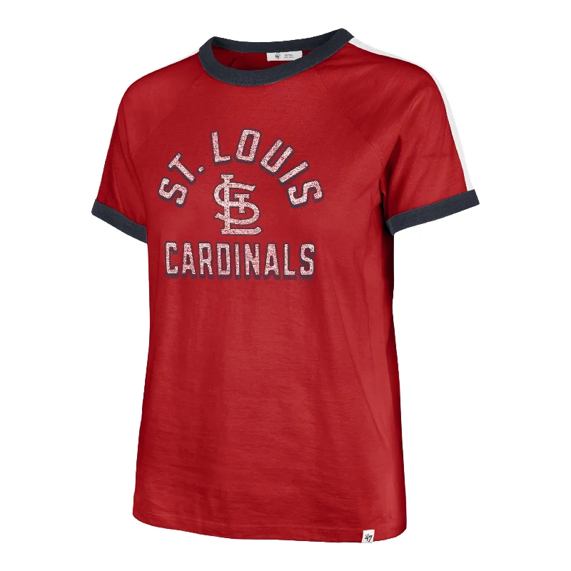 ST. LOUIS CARDINALS DOUBLE HEADER SWEET HEAT '47 PEYTON TEE WOMENS Zippered Front Buttoned Front Snap Front ST. LOUIS CARDINALS DOUBLE HEADER SWEET HEAT '47 PEYTON TEE WOMENS Zippered Front Buttoned Front Snap Front