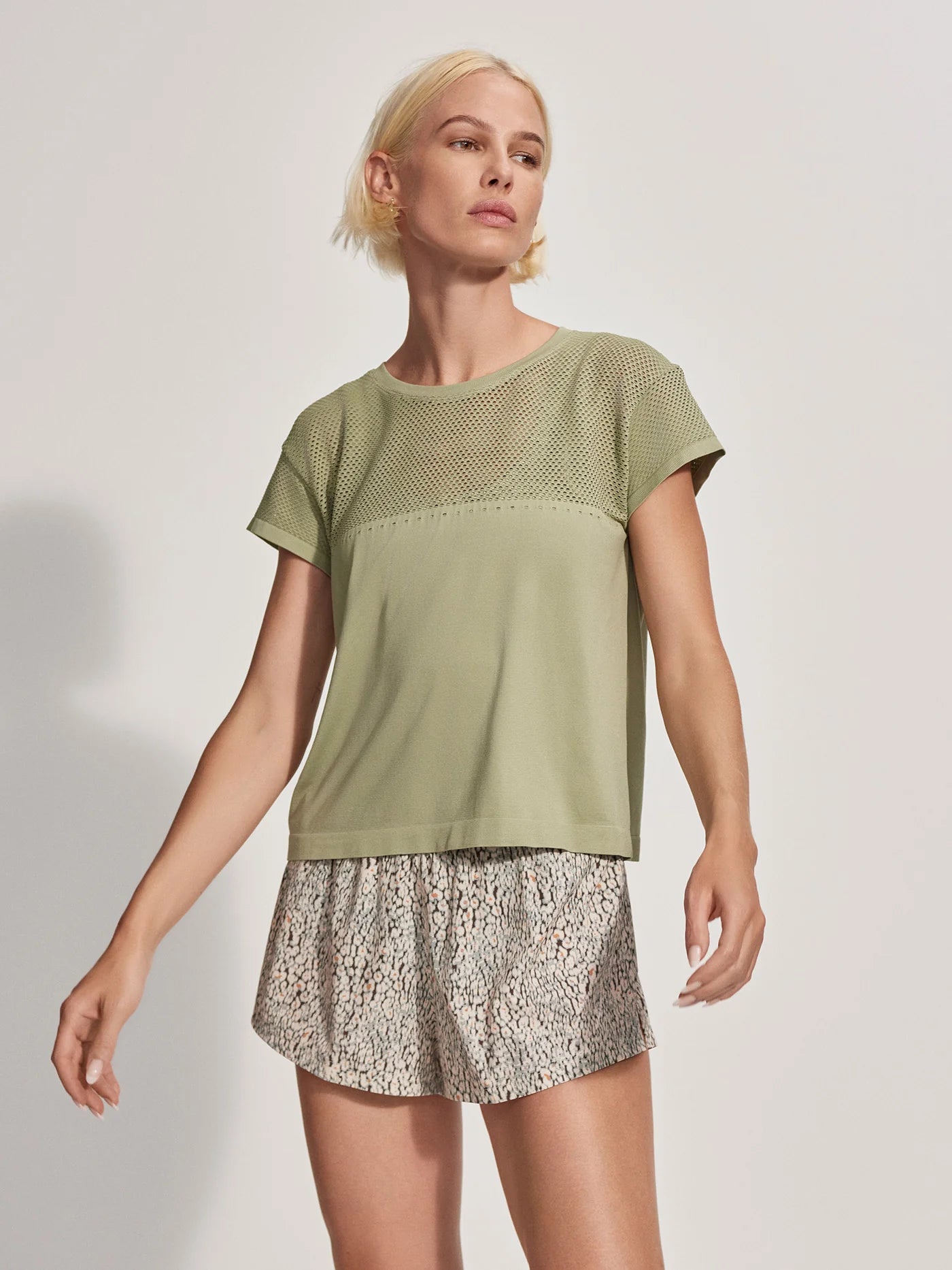 Varley Calloway Boxy Tee - Tea Green Striped Floral Plaid