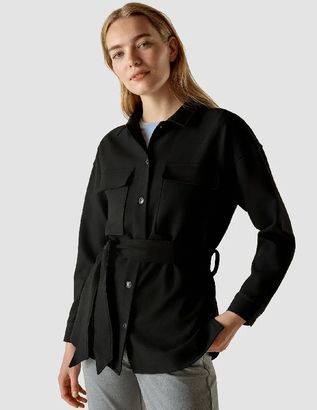 Belted Overshirt Black Chic Embellished Short Sleeve