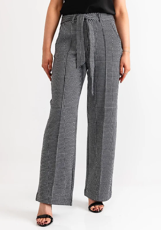 Fransa Blenda Houndstooth Wide Leg Trousers, Black Trousers Summer Linen