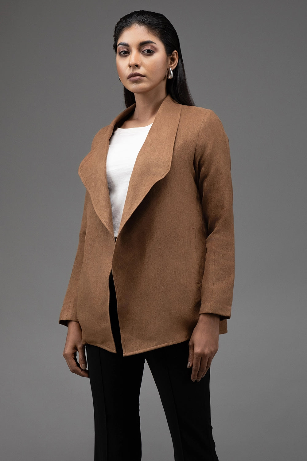Asymmetric Suede Jacket Stand-Up Collar Roll-Neck Collar Turtle Neck