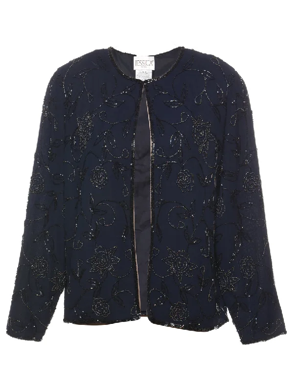 Beaded Navy Evening Jacket - M Stand-Up Collar Roll-Neck Collar Turtle Neck