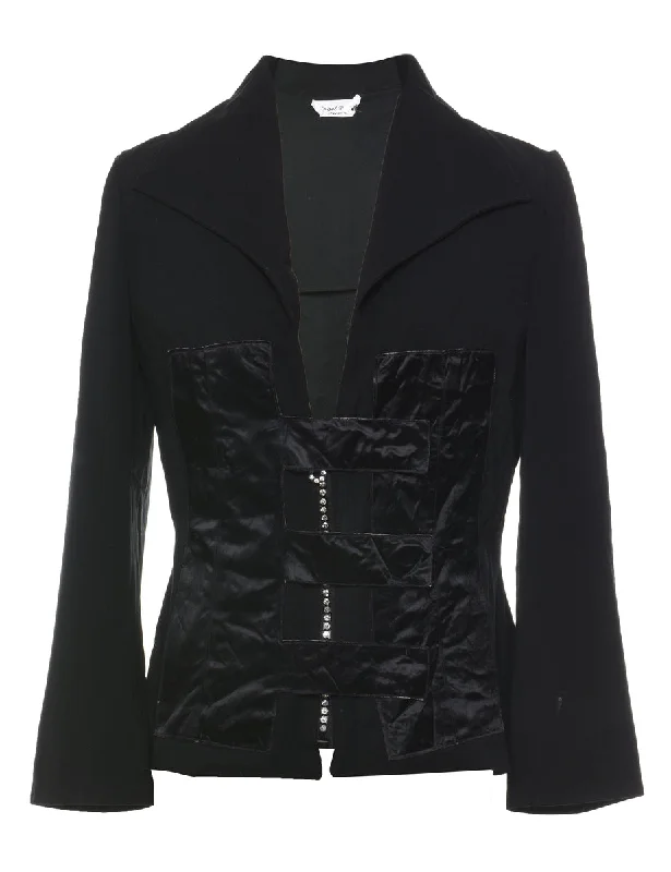 Black Silky Embellished Evening Jacket - M Front Pockets Side Pockets Patch Pockets