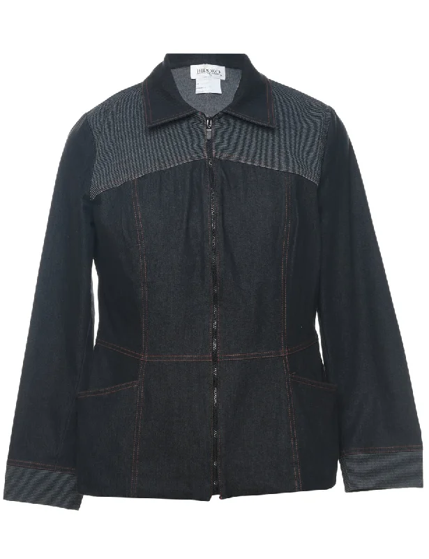 Black Zip-Front Denim Jacket - L Wool Jacket Cashmere Jacket Tweed Jacket
