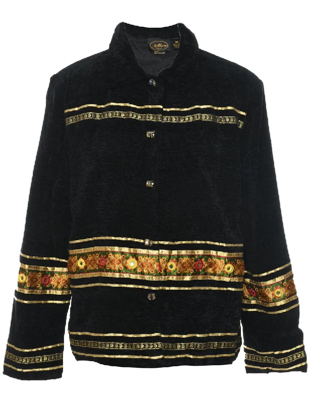 Button Front Black & Gold Embroidered Jacket - M