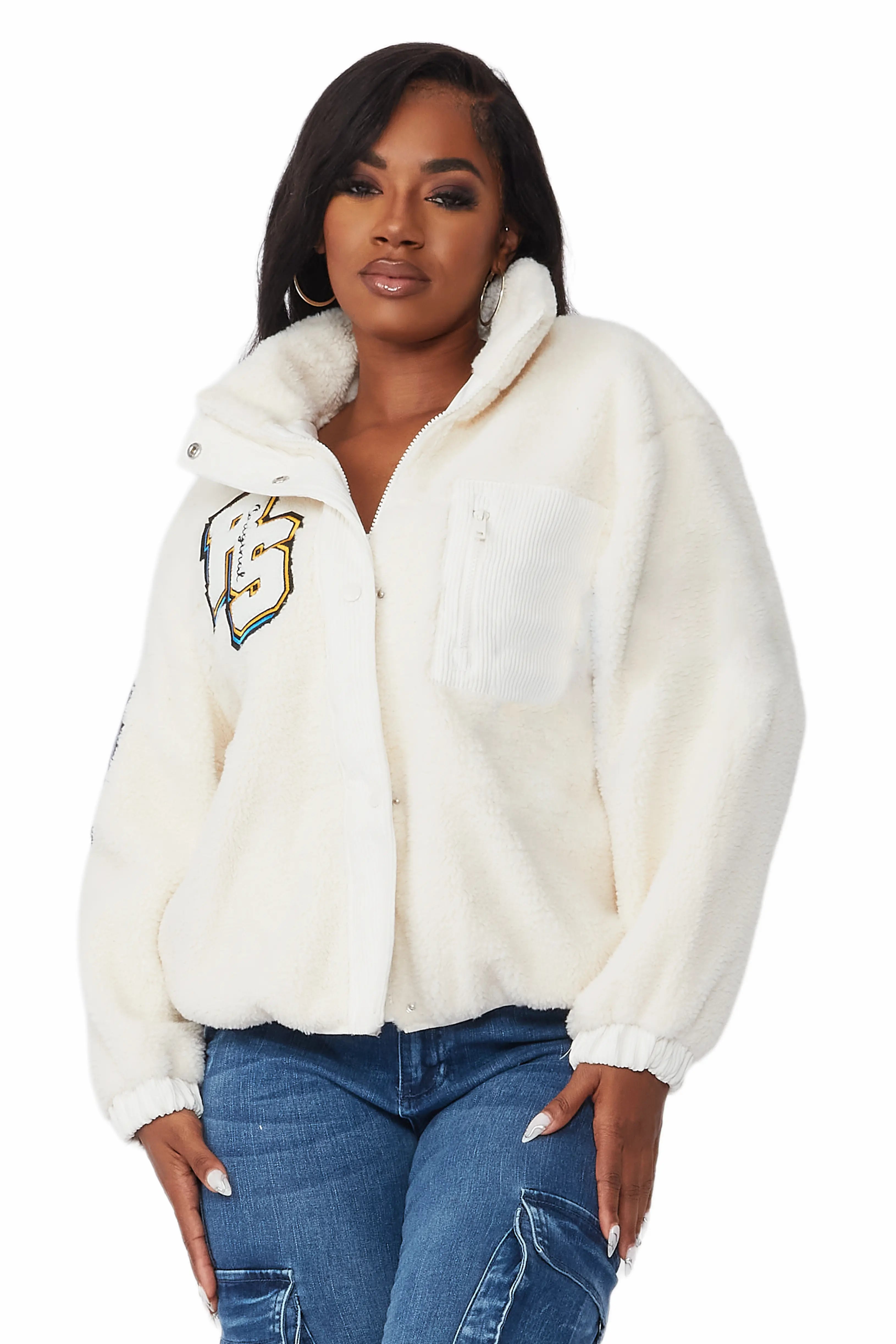 Reyna Off White Fur Jacket Embroidered Jacket Appliqued Jacket Beaded Jacket