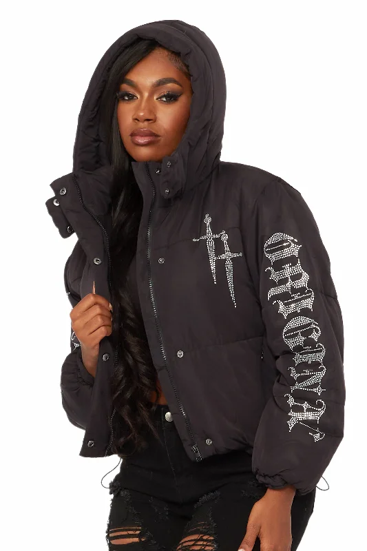 Kalisha Black Rhinestone Puffer Jacket Hoodie Zip-Up Jacket Button-Up Jacket