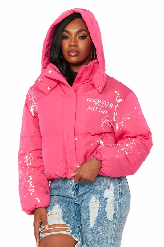 Keira Fuchsia Drippy Puffer Jacket Toggled Jacket Drawstring Jacket Belted Jacket