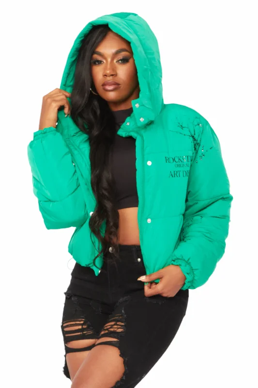 Keira Green Drippy Puffer Jacket Belted Jacket Elasticated Jacket Padded Jacket