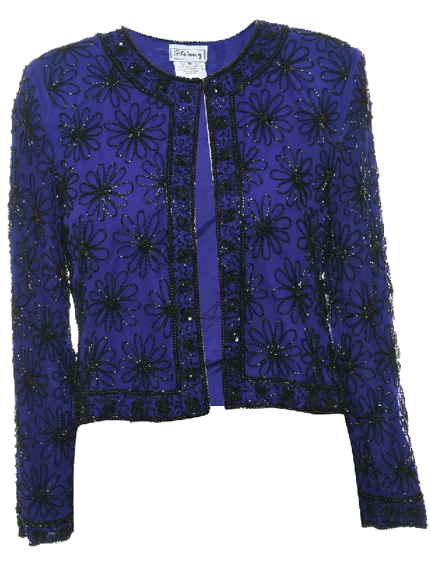 Silk Blue & Black Floral Beaded Evening Jacket - S Ribbed Jacket Pleated Jacket Ruffled Jacket