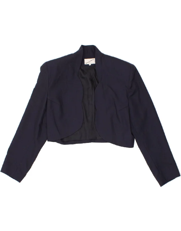 VINTAGE Womens Bolero Jacket IT 44 Medium Navy Blue Wool Fleece Fabric Down Fabric Feather Fabric VINTAGE Womens Bolero Jacket IT 44 Medium Navy Blue Wool Fleece Fabric Down Fabric Feather Fabric