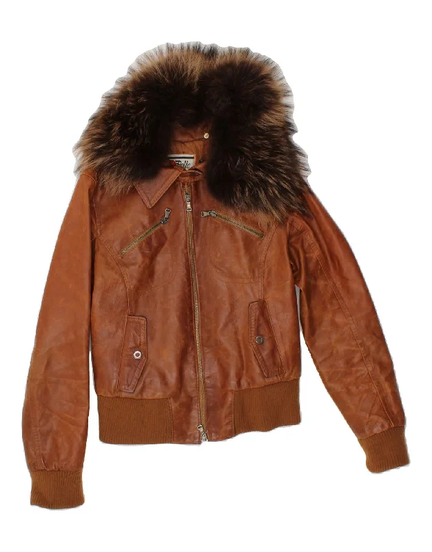 VINTAGE Womens Crop Leather Jacket IT 42 Medium Brown Leather Collared Jacket Crew Neck Jacket Turtle Neck Jacket VINTAGE Womens Crop Leather Jacket IT 42 Medium Brown Leather Collared Jacket Crew Neck Jacket Turtle Neck Jacket