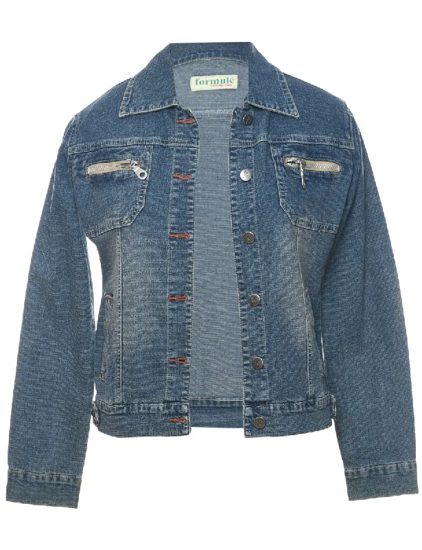 Zip-Front Stone Wash Denim Jacket - M Front Pockets Side Pockets Patch Pockets