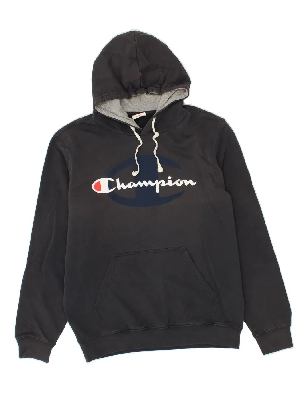 CHAMPION Mens Graphic Hoodie Jumper Large Navy Blue Hoodie with Reflective Safety Nightwear