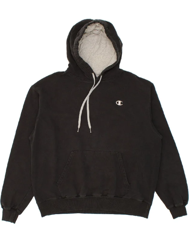 CHAMPION Mens Hoodie Jumper Large Black Hoodie with Hidden Zipper Minimalist Clean