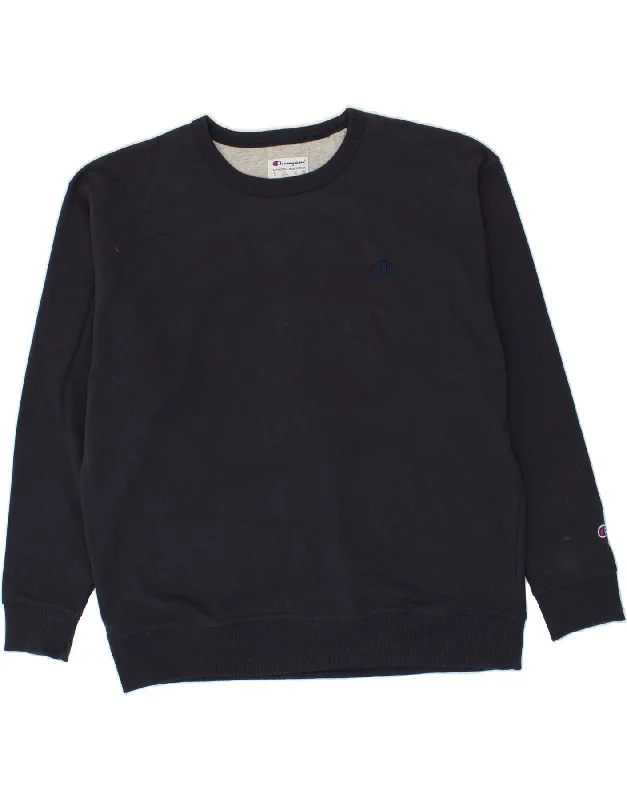 CHAMPION Mens Sweatshirt Jumper 2XL Navy Blue Hoodie with Typography Text Message