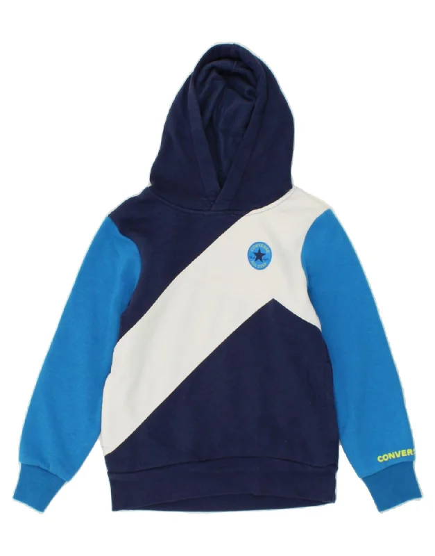 CONVERSE Boys Hoodie Jumper 8-9 Years Small Navy Blue Colourblock Cotton Hoodie with Hood Adjustable Protection CONVERSE Boys Hoodie Jumper 8-9 Years Small Navy Blue Colourblock Cotton Hoodie with Hood Adjustable Protection