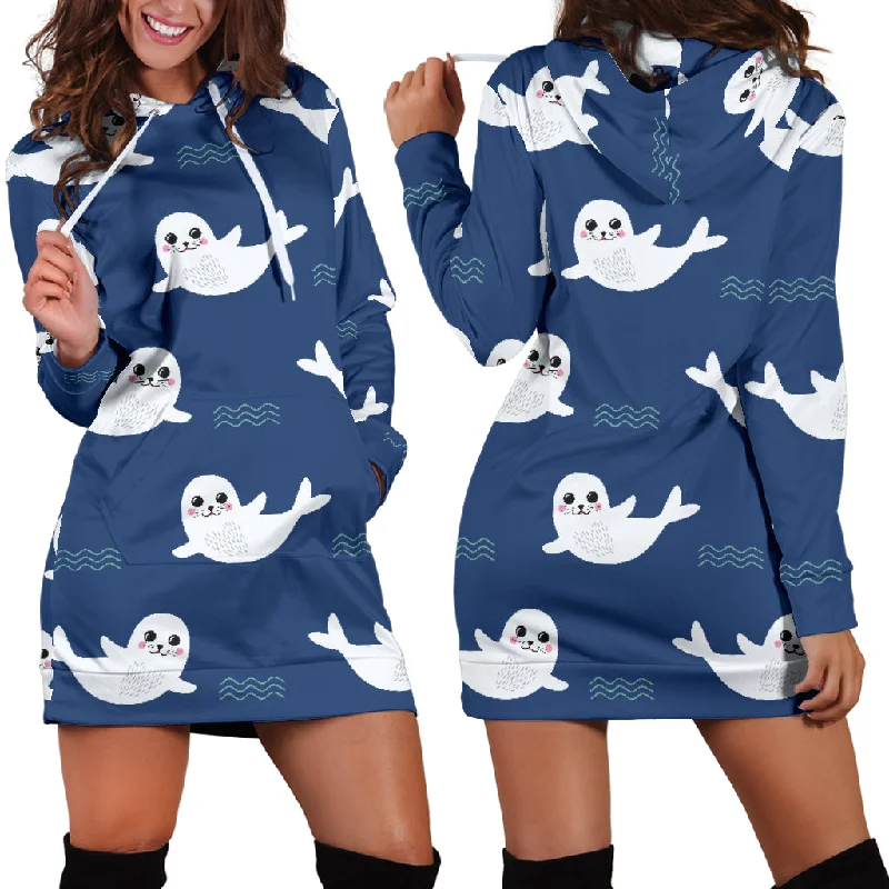 Cute White Baby Sea Lion Seal Pattern Women'S Hoodie Dress Zip Hoodie Drawstring Kangaroo Pocket Cute White Baby Sea Lion Seal Pattern Women'S Hoodie Dress Zip Hoodie Drawstring Kangaroo Pocket