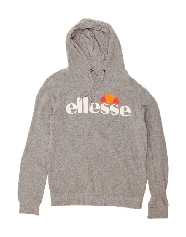 ELLESSE Mens Graphic Hoodie Jumper Small Grey Cotton Hoodie with Hem Raw Edge Edgy Unfinished