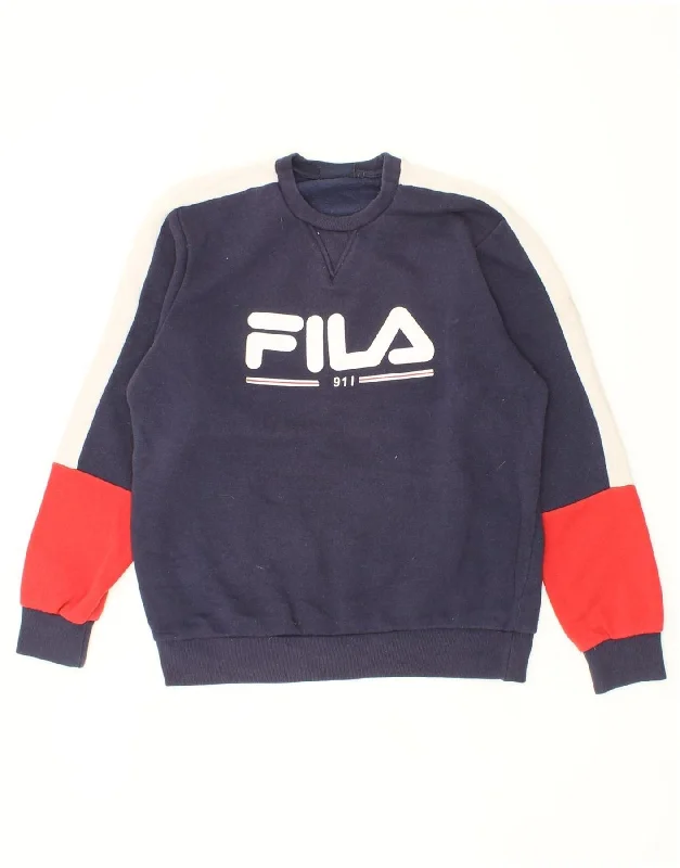 FILA Mens Graphic Sweatshirt Jumper Large Navy Blue Colourblock Cotton Hoodie with V-Neck Classic Versatile FILA Mens Graphic Sweatshirt Jumper Large Navy Blue Colourblock Cotton Hoodie with V-Neck Classic Versatile