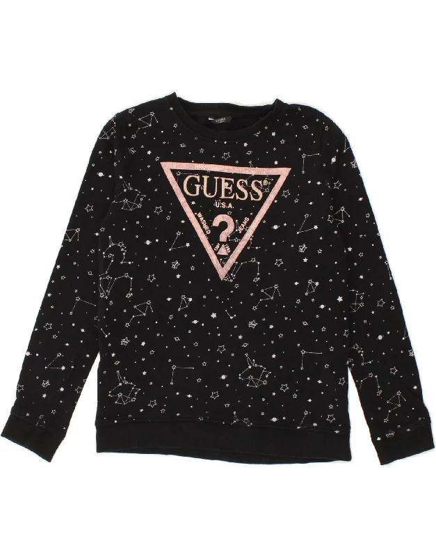 GUESS Girls Graphic Sweatshirt Jumper 13-14 Years Black Cotton Hoodie with Monochrome Minimalist Simple