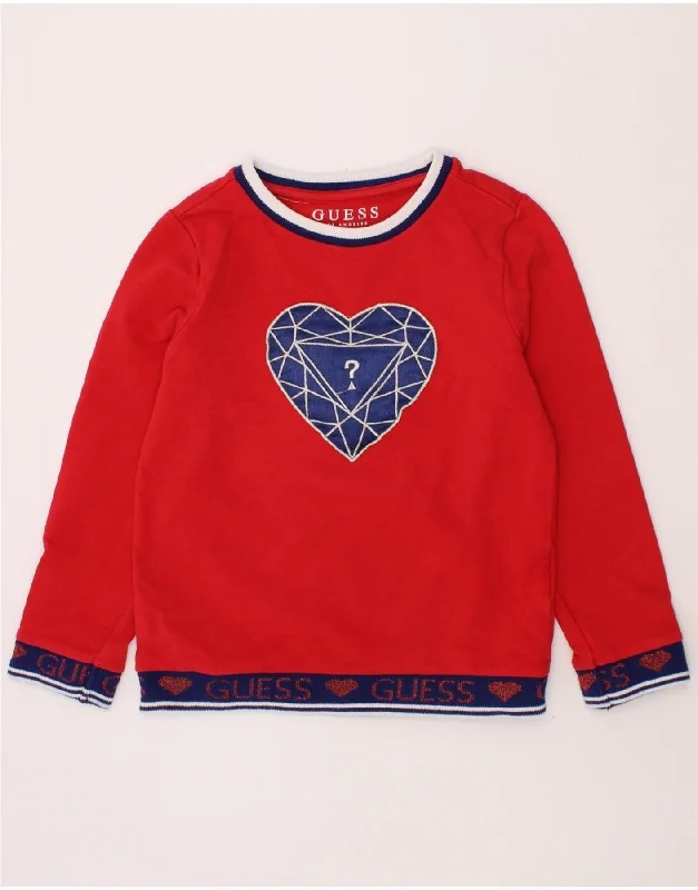 GUESS Girls Graphic Sweatshirt Jumper 4-5 Years Red Hoodie with Distressed Vintage Worn GUESS Girls Graphic Sweatshirt Jumper 4-5 Years Red Hoodie with Distressed Vintage Worn