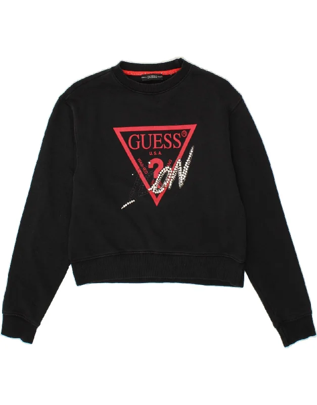 GUESS Womens Graphic Crop Sweatshirt Jumper UK 10 Small Black Cotton Cotton Hoodie Fleece Lining Warmth GUESS Womens Graphic Crop Sweatshirt Jumper UK 10 Small Black Cotton Cotton Hoodie Fleece Lining Warmth