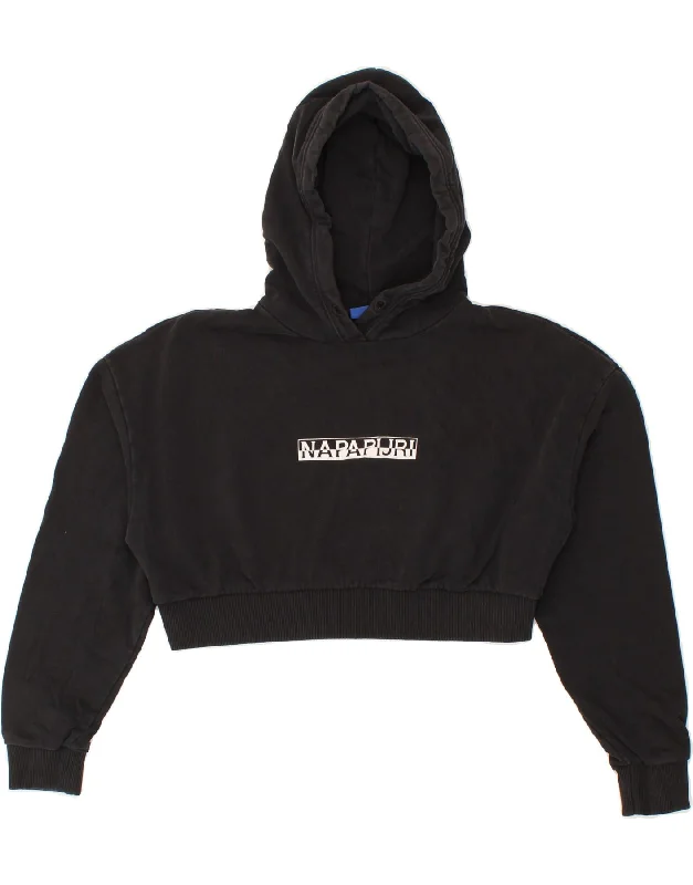 NAPAPIJRI Womens Oversized Graphic Crop Hoodie Jumper UK 10 Small Black Hoodie with Camouflage Military Edgy NAPAPIJRI Womens Oversized Graphic Crop Hoodie Jumper UK 10 Small Black Hoodie with Camouflage Military Edgy