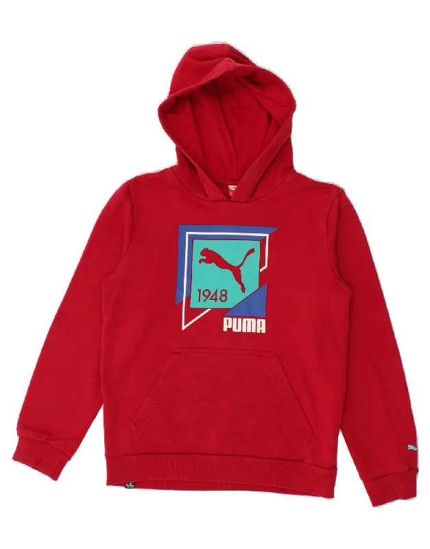 PUMA Boys Graphic Hoodie Jumper 11-12 Years Large Burgundy Cotton Hoodie with Set-In Sleeves Structured Classic PUMA Boys Graphic Hoodie Jumper 11-12 Years Large Burgundy Cotton Hoodie with Set-In Sleeves Structured Classic