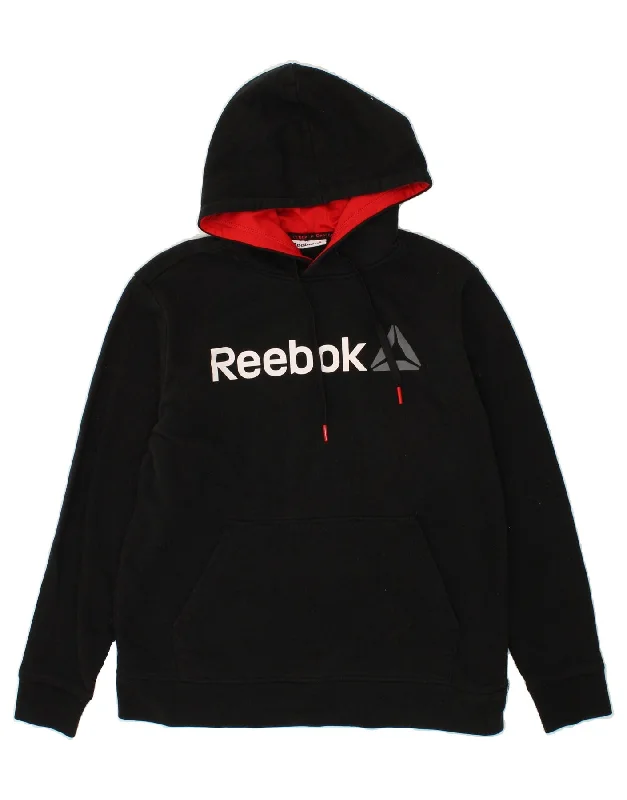 REEBOK Mens Graphic Hoodie Jumper Medium Black Cotton Hoodie with Applique Textured Unique
