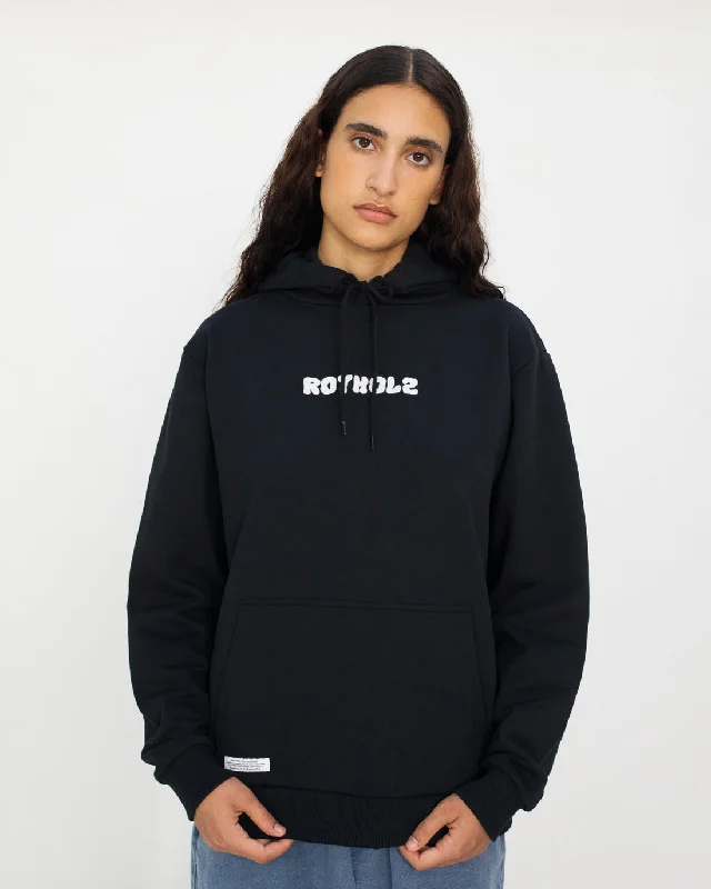 Logo Hoodie Unisex Black Hoodie with Exposed Zipper Edgy Industrial