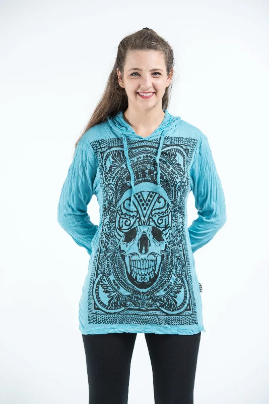 Sure Design Unisex Trippy Skull Hoodie Turquoise Hoodie with Hem Frayed Vintage Worn