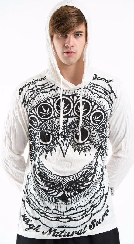 Sure Design Unisex Weed Owl Hoodie White Hoodie with Hood Adjustable Protection