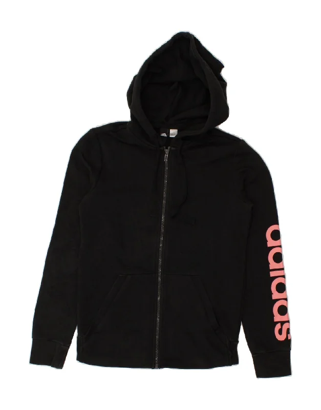 ADIDAS Womens Graphic Zip Hoodie Sweater UK 12 Medium Black Solid Print Embellished