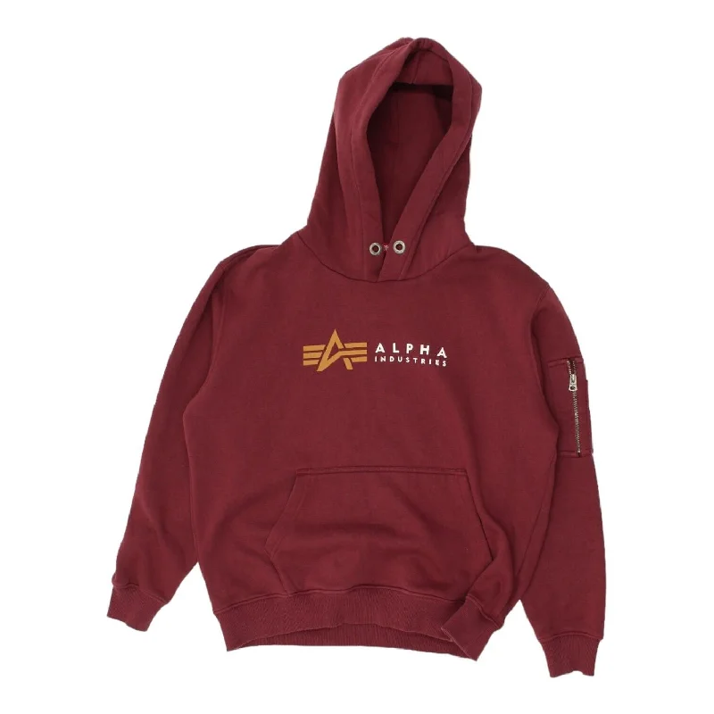 Alpha Industries Mens Burgundy Pullover Hoodie | Military Designer Hoody VTG Boat Neck Sweater
