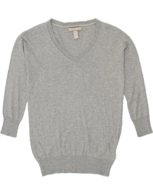 BANANA REPUBLIC Womens V-Neck Jumper Sweater UK 6 XS Grey Cotton Glossy Satin Silk