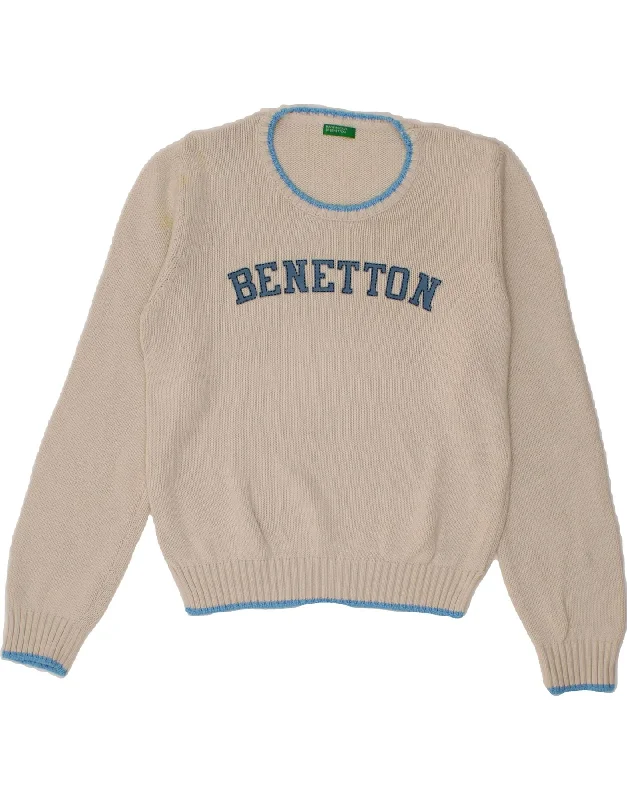 BENETTON Womens Graphic Boat Neck Jumper Sweater UK 16 Large White Cotton Anti-Pilling Anti-Shrink Durable BENETTON Womens Graphic Boat Neck Jumper Sweater UK 16 Large White Cotton Anti-Pilling Anti-Shrink Durable