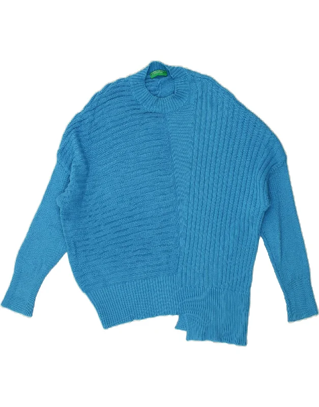 BENETTON Womens Oversized Crew Neck Jumper Sweater UK 6 XS Blue Cotton Ribbed Striped Patterned BENETTON Womens Oversized Crew Neck Jumper Sweater UK 6 XS Blue Cotton Ribbed Striped Patterned